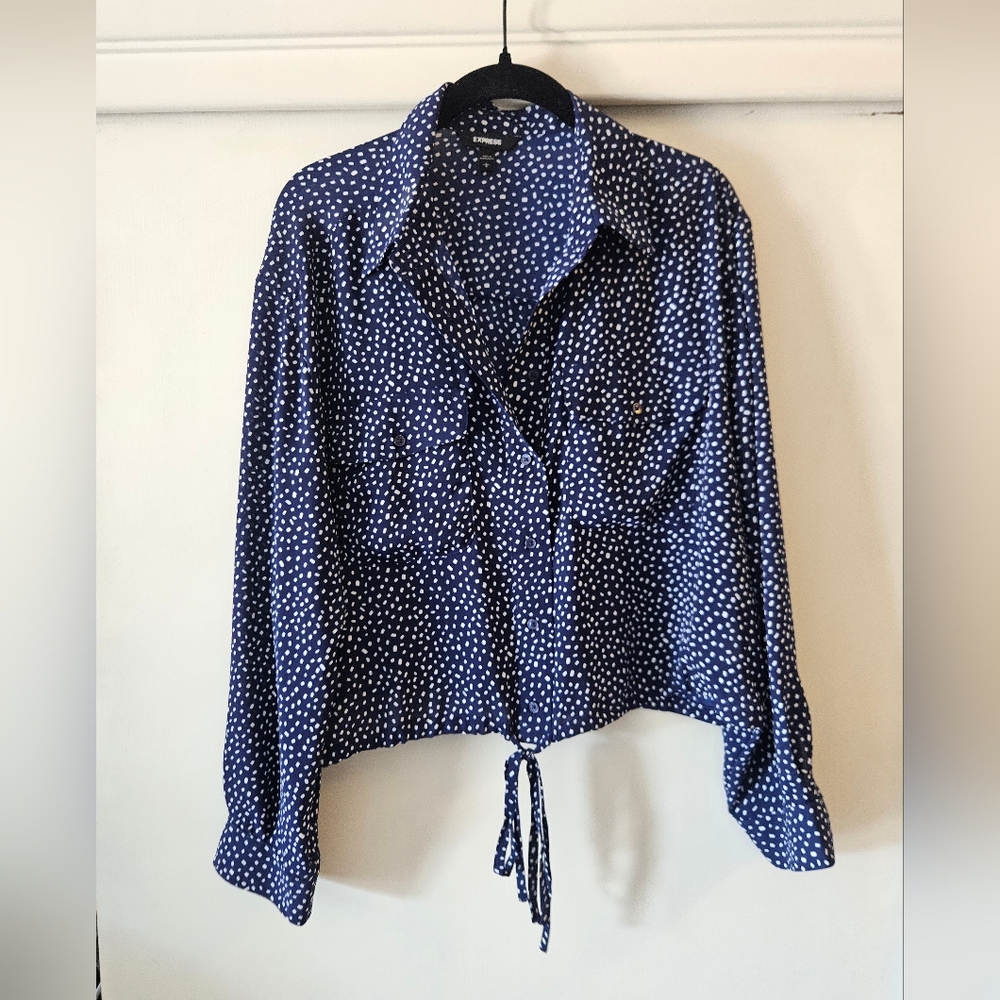 Express Blue and White Tie Front Blouse